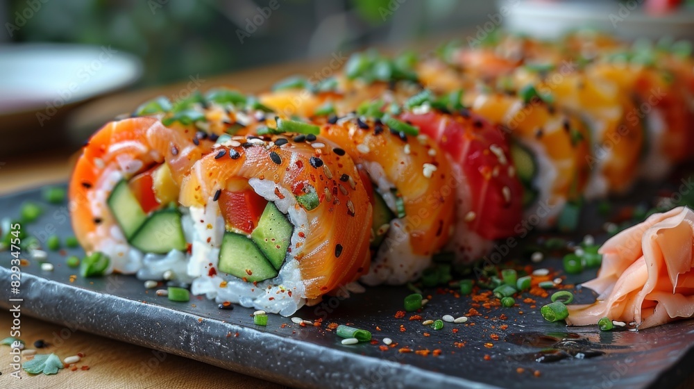 Showcase the vibrant colors and textures of a plate of vegetarian sushi, featuring fresh vegetables, creamy avocado, and sticky rice. Showcase the vibrant colors and textures of a plate of vegetarian sushi, featuring fresh vegetables, creamy avocado, and sticky rice.
