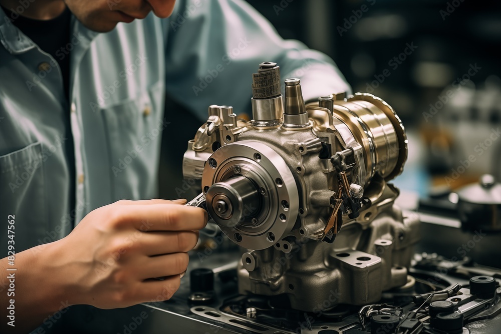 Detailed close-up of engine components being assembled by a technician, highlighting precision and technology Detailed close-up of engine components being assembled by a technician, highlighting precision and technology
