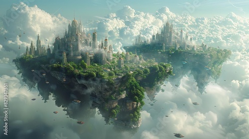 A fantasy world where the sky is filled with floating islands and creatures