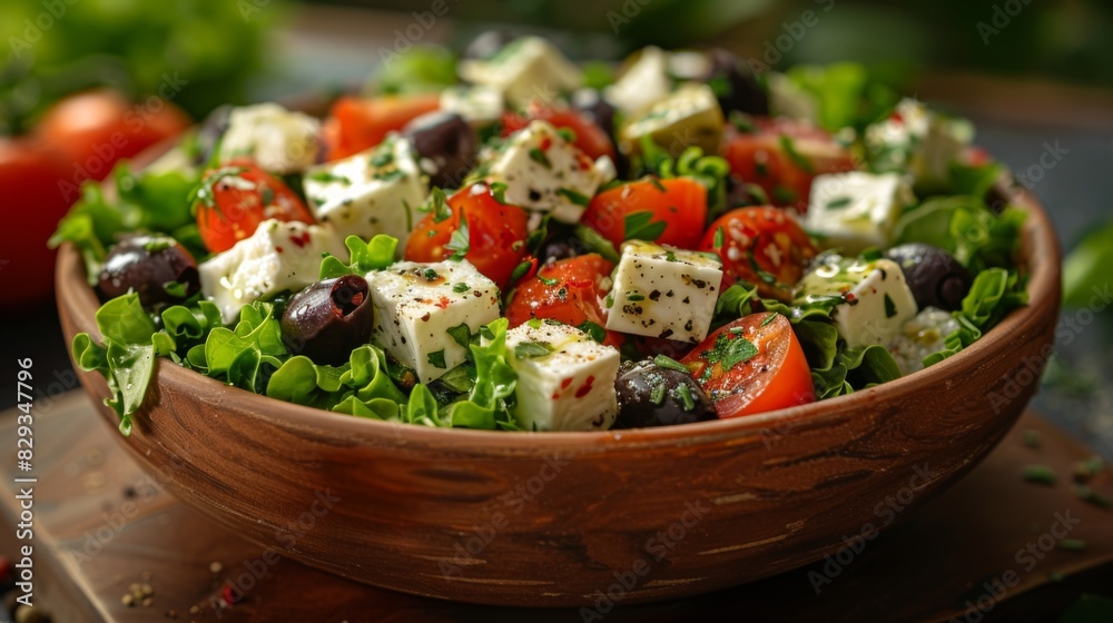 Capture the freshness of a bowl of Greek salad, featuring crisp lettuce, ripe tomatoes, briny olives, and tangy feta cheese.