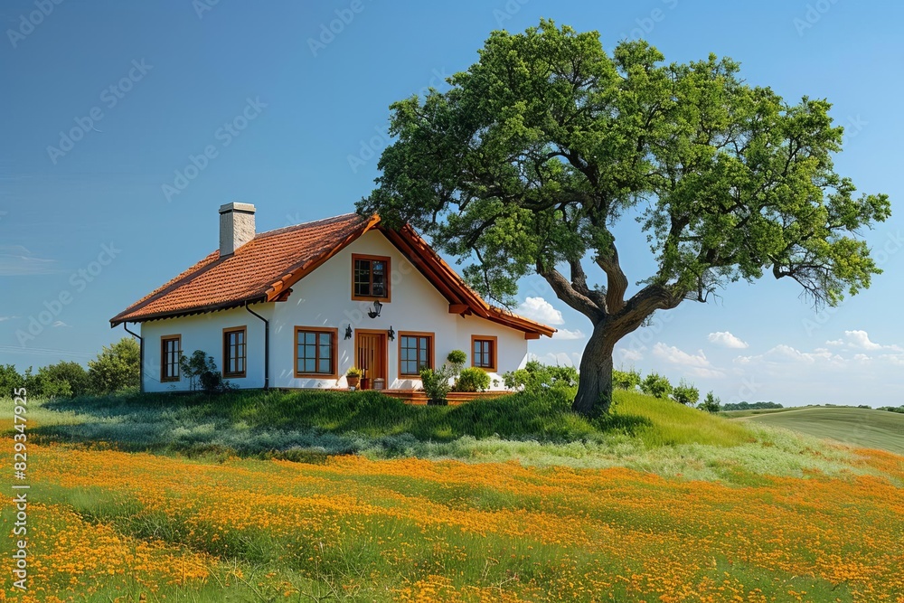 A house in the countryside with a money tree in the yard, symbolizing financial growth and savings for a home A house in the countryside with a money tree in the yard, symbolizing financial growth and savings for a home