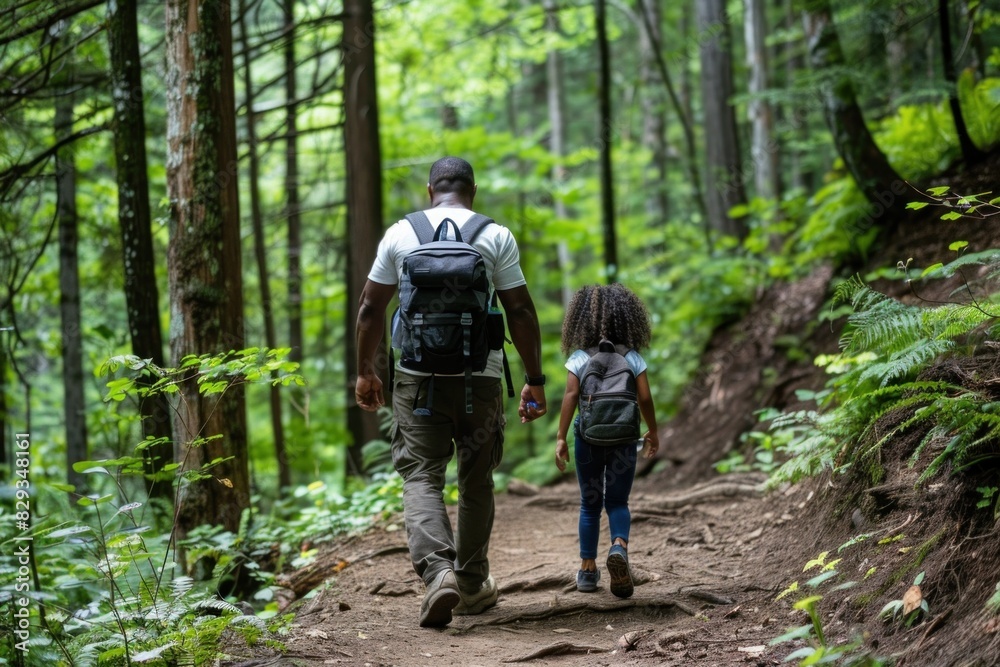 African American father holding hands with his young daughter, walking in a forest, serene environment.