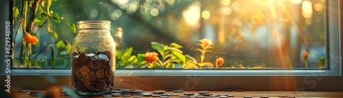 A quaint cottage with a jar of coins on the windowsill, symbolizing saving money for home improvements
