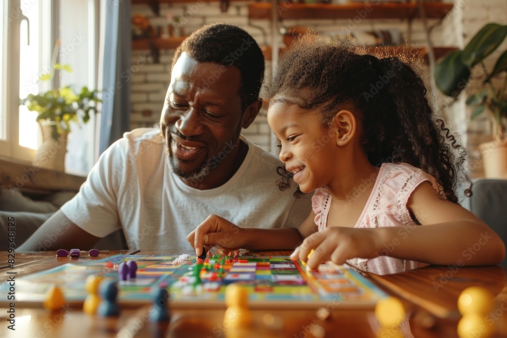 African American father and daughter enjoying a board game together at home, sharing a joyful moment. African American father and daughter enjoying a board game together at home, sharing a joyful moment.
