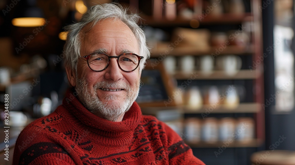 cheerful senior man with glasses, dressed in a red sweater, smiling in a coffee shop cheerful senior man with glasses, dressed in a red sweater, smiling in a coffee shop
