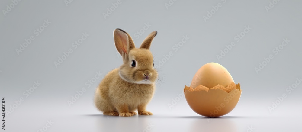 Obraz premium Cute rabbits and easter eggs cream gray background