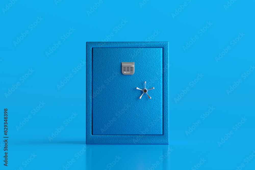 Blue metal safe with a combination lock on blue background. Blue metal safe with a combination lock on blue background.