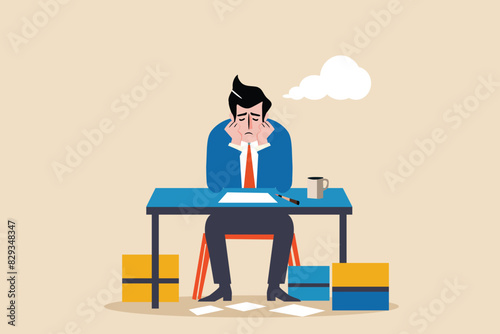 a bored depressed businessman sitting at desk, tired, anxiety, exhausted, quit retirement concept. minimal flat vector illustration. 