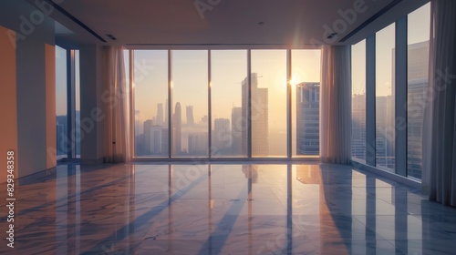 An empty room in a skyscraper and a view of the city in the morning. Beautiful  expensive property with a view.