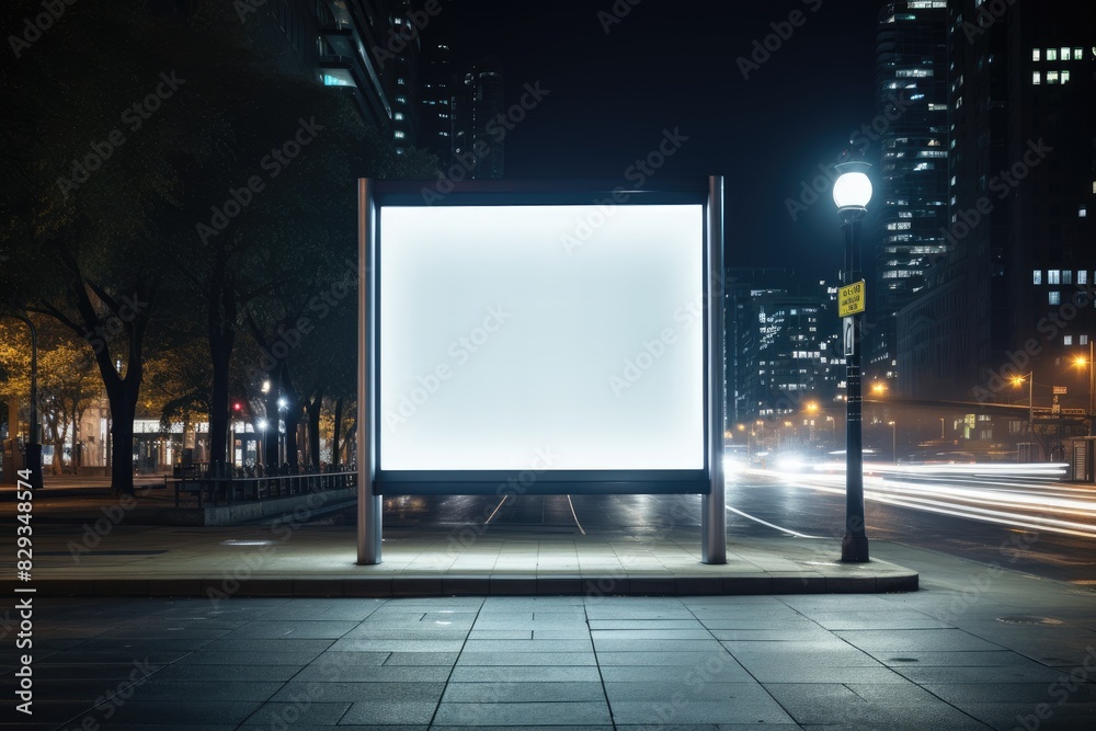 A vibrant city street at night illuminated by lights, featuring a blank billboard ready for advertising