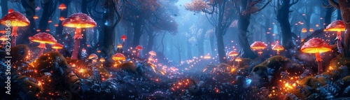 A whimsical of a magical forest with glowing mushrooms and fairies