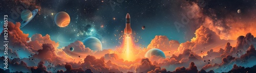 A vibrant illustration of a space scene with planets, stars, and a rocket ship photo