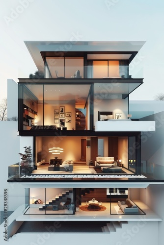  Cross-section of a modern minimalist house showcasing interior design