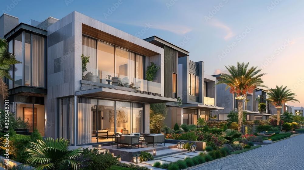 Luxury housing projects, featuring modern townhouses and villas. Real estate market with property listings.
