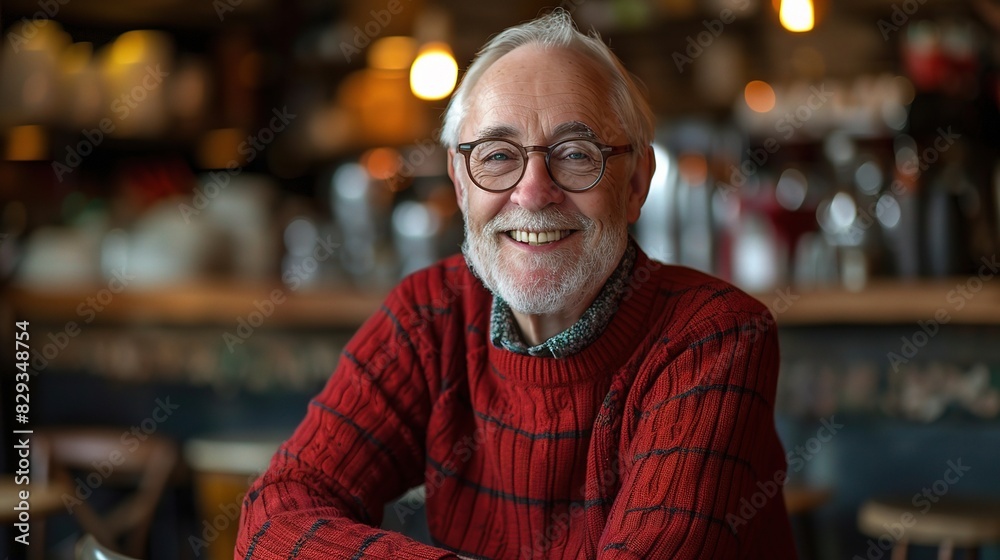 cheerful senior man with glasses, dressed in a red sweater, smiling in a coffee shop cheerful senior man with glasses, dressed in a red sweater, smiling in a coffee shop
