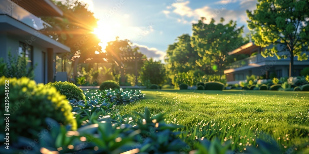 Obraz premium Idyllic home amidst lush garden at sunrise