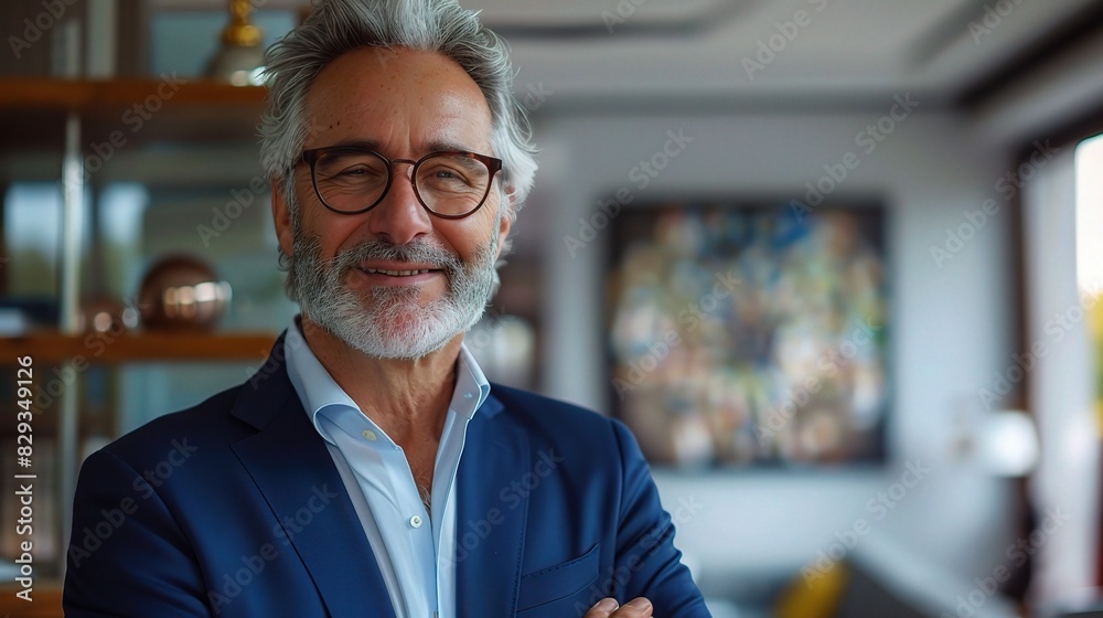 Fototapeta premium cheerful senior man with grey hair, dressed in a blue suit, standing in a modern office