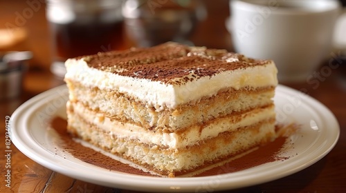 Focus on the delicate layers of a classic Tiramisu dessert  highlighting the creamy mascarpone cheese  espresso-soaked ladyfingers  and cocoa powder.