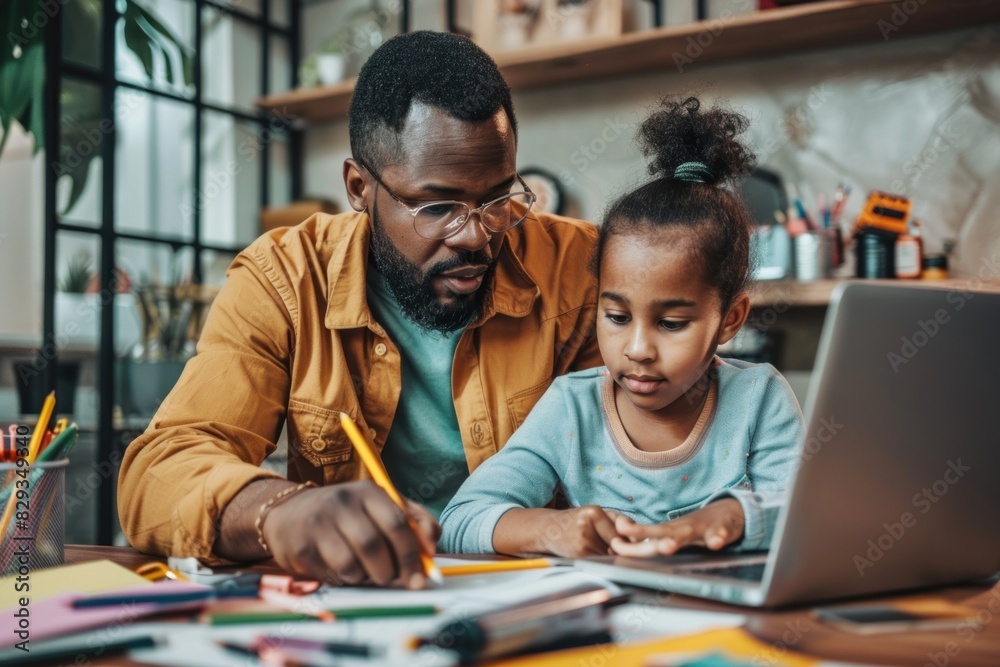 African American father helping his young daughter with her homework on a laptop in a bright home office. African American father helping his young daughter with her homework on a laptop in a bright home office.