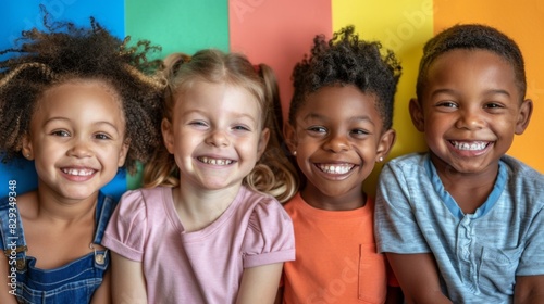 Depict a joyful image of preschoolers from different ethnicities holding hands and dancing in a circle on a bright, multicolored