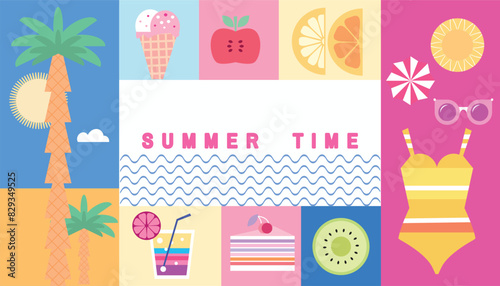 Summer concept design modern abstract background Set icons  poster, web-banner, social media Vector cute flat illustration