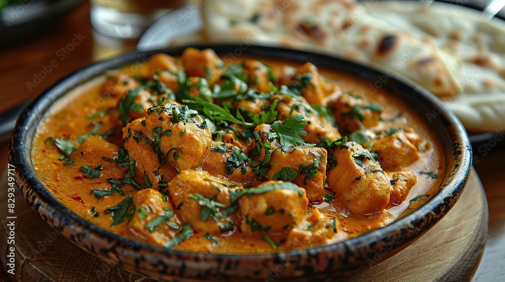 A dish of flavorful chicken korma, served with naan. A dish of flavorful chicken korma, served with naan.