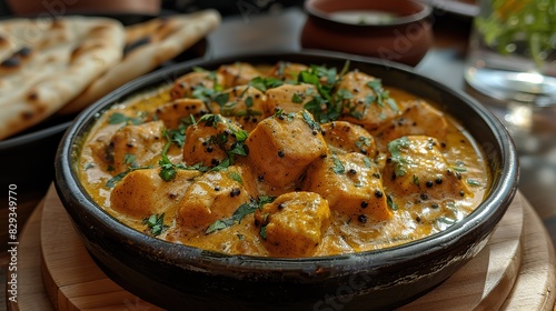 A dish of flavorful chicken korma, served with naan.