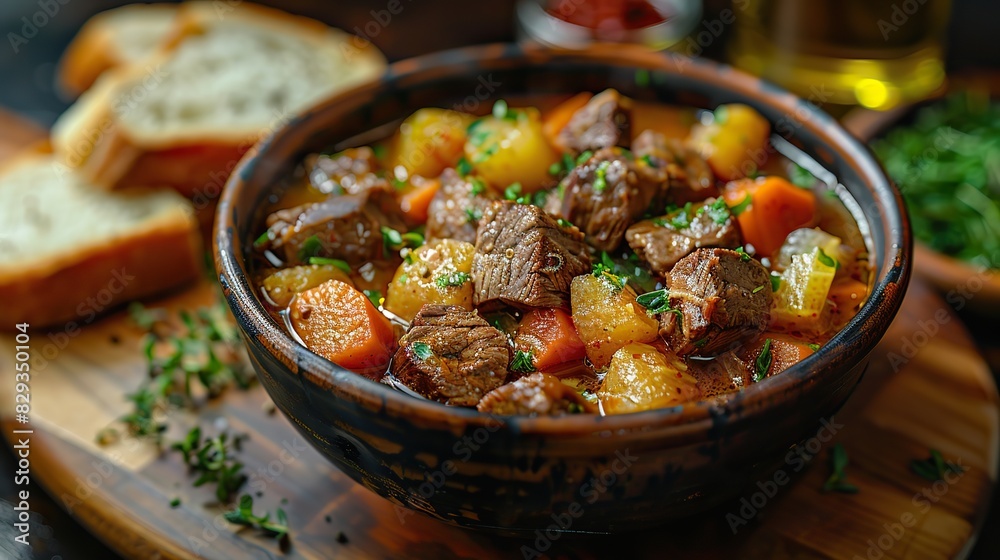 A dish of flavorful beef stew, served with crusty bread.