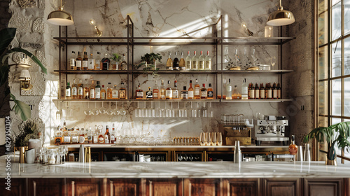 A stylish bar area with a marble countertop, brass fixtures, and shelves stocked with top-shelf liquors and cocktail ingredients.