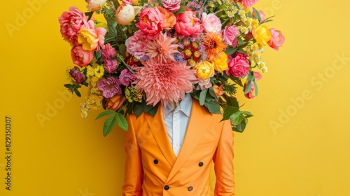 A man in a bright yellow suit with a bouquet of multi-colored flowers instead of a head in fashion editorial style