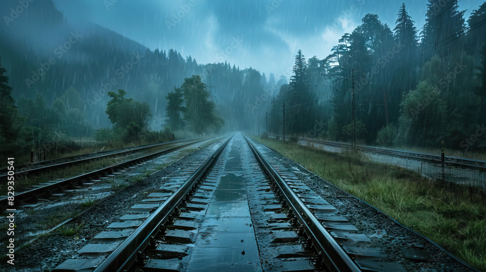 Fototapeta premium rainy wet railway track with forest view, weather reliability of rural transit.