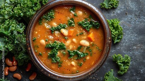 A bowl of hearty white bean and kale soup, perfect for winter. photo