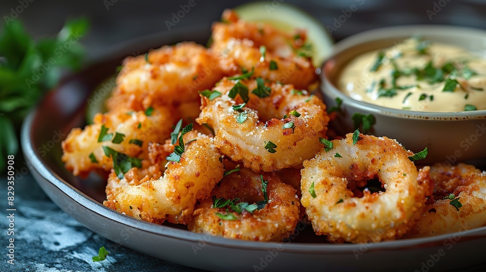 A plate of crispy fried calamari, served with aioli. A plate of crispy fried calamari, served with aioli.