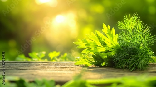 Close up of fresh green parsley leaves and dill on a wooden table with a blurred garden background  copy space for product display.