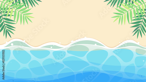 青い波がよせるヤシの葉飾りのビーチ 1、アスペクト比16:9