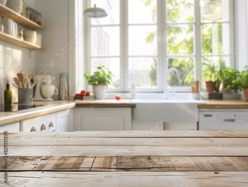 Wooden table top view for product montage over blurred kitchen interior background featuring a bright, airy space with white cabinets, stainless steel appliances, and natural light streaming through