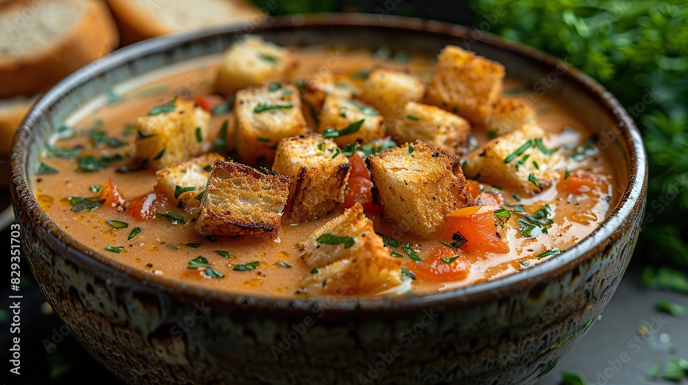 A bowl of creamy tomato and basil bisque, garnished with croutons. A bowl of creamy tomato and basil bisque, garnished with croutons.