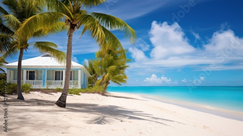 beachfront property with white sand  turquoise water  and palm trees