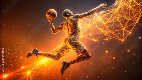 Abstract Digital Basketball Player Dunking Against Futuristic Orange Background. Perfect for: National Basketball Day, International Sports Day, World Basketball Festival.