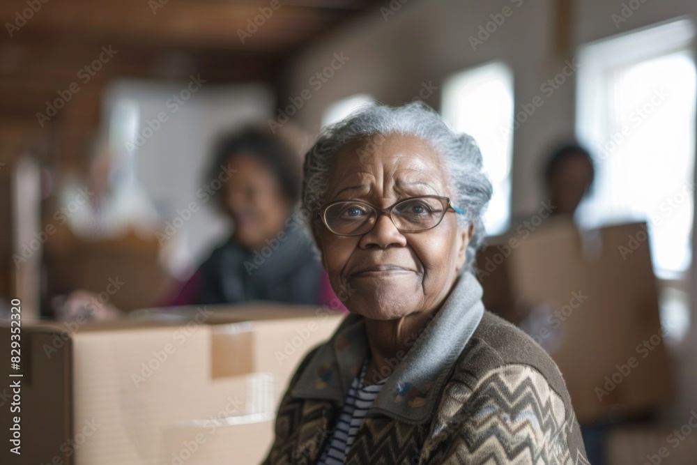 Elderly African American woman in a patterned jacket, smiling in a room with moving boxes and family members in the background. Elderly African American woman in a patterned jacket, smiling in a room with moving boxes and family members in the background.
