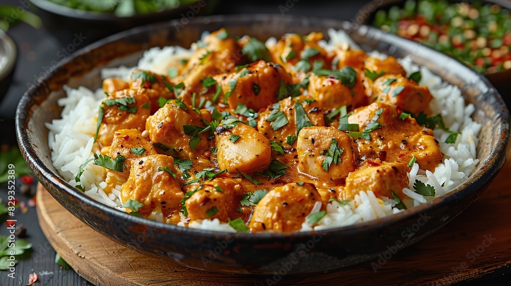 A dish of flavorful chicken curry, served with rice. A dish of flavorful chicken curry, served with rice.