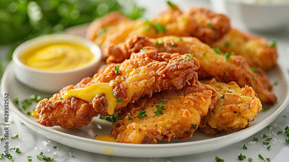 A plate of crispy fried chicken tenders, served with honey mustard. A plate of crispy fried chicken tenders, served with honey mustard.