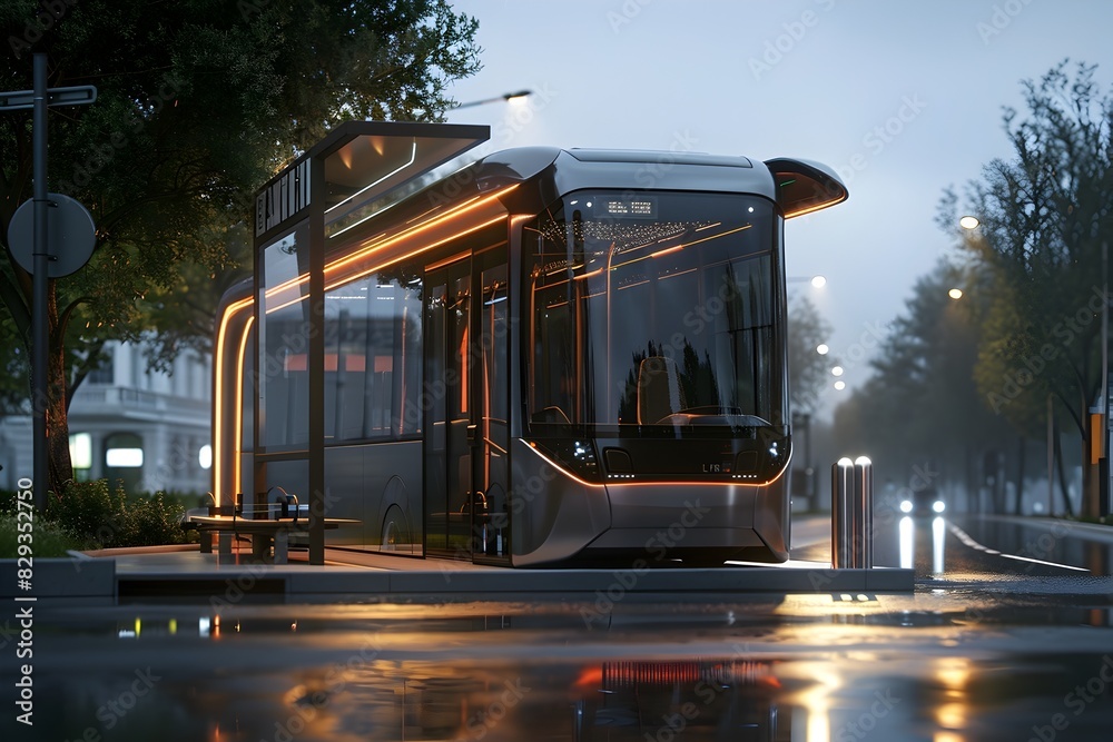 Fototapeta premium Sleek Electric Bus at Futuristic City Transit Stop