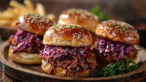 A plate of savory pulled pork sliders, served with coleslaw.