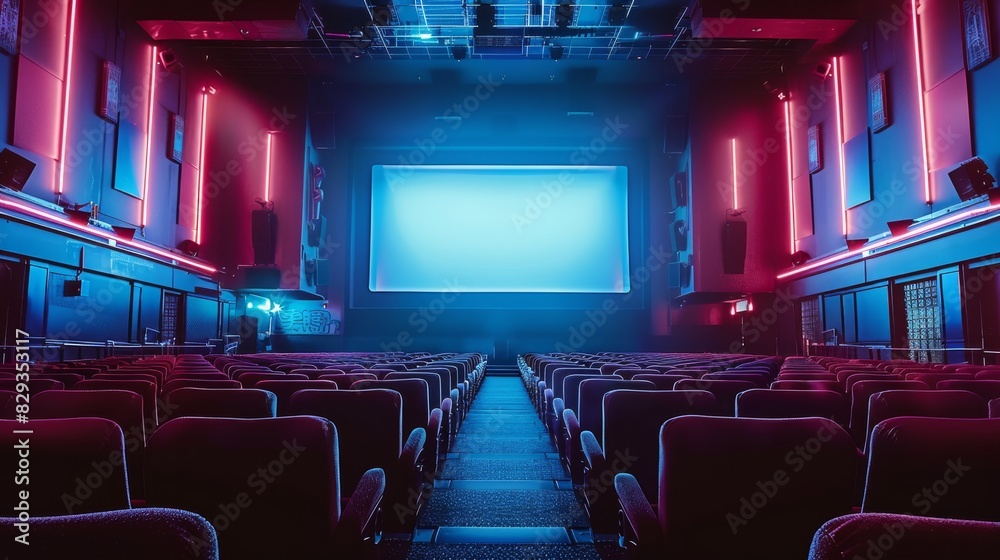 Straight on view of extra large movie theatre screen in am empty dark movie theatre with accent lighting. Generative AI. Straight on view of extra large movie theatre screen in am empty dark movie theatre with accent lighting. Generative AI.