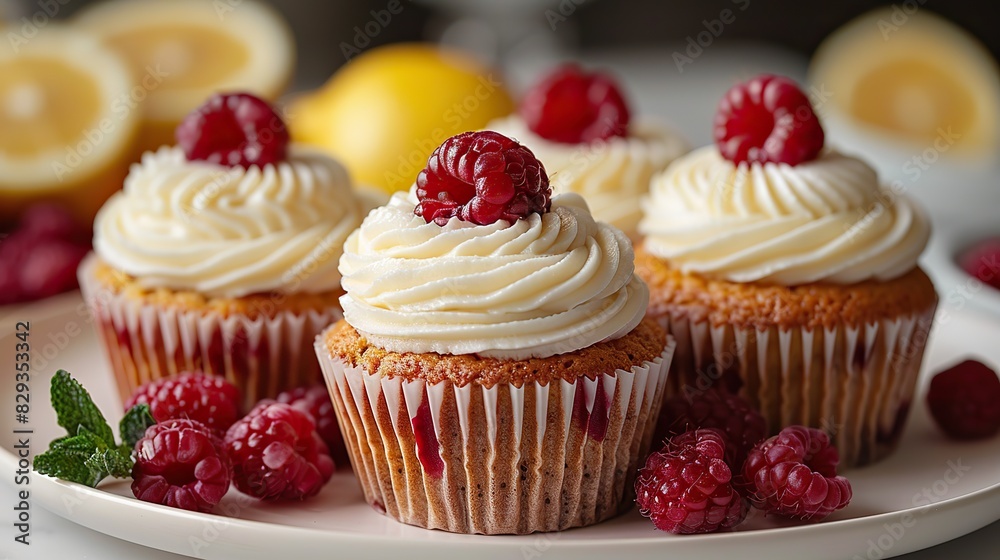 A serving of delicate lemon and raspberry muffins, fresh from the oven.
