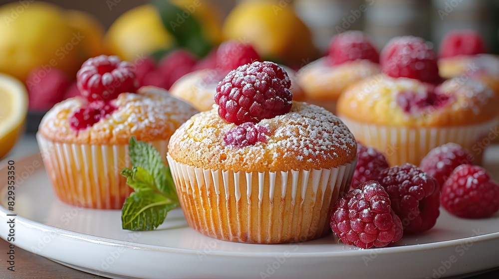 A serving of delicate lemon and raspberry muffins, fresh from the oven. A serving of delicate lemon and raspberry muffins, fresh from the oven.