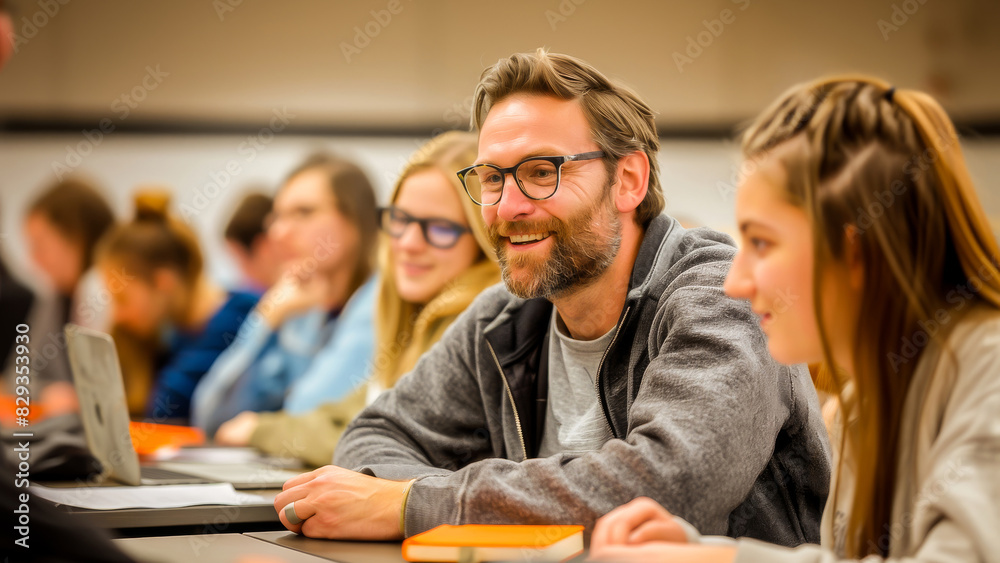 Happy teacher and students in a classroom enjoying a lesson together. They are smiling and engaged in the learning process. Happy teacher and students in a classroom enjoying a lesson together. They are smiling and engaged in the learning process.