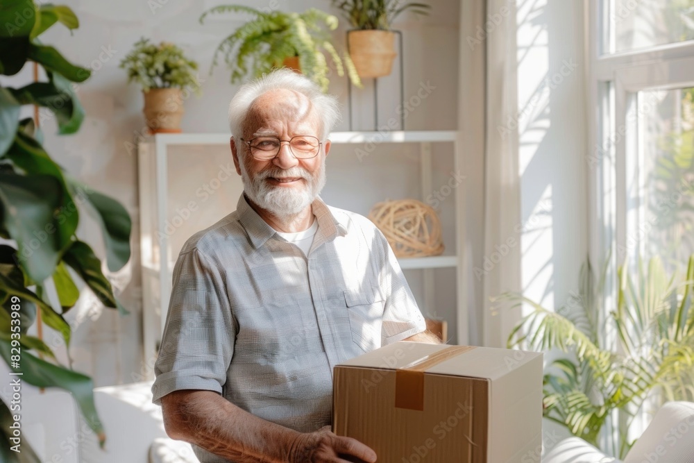 Elderly Caucasian man with white beard and glasses, holding a cardboard box in a sunny room filled with plants. Elderly Caucasian man with white beard and glasses, holding a cardboard box in a sunny room filled with plants.