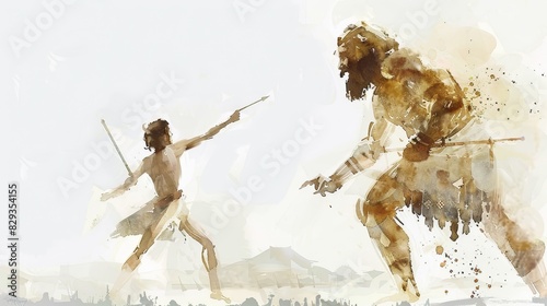 Biblical Illustration: David and Goliath, Young David Slinging Stone, Ancient Battlefield, Beige Background, Copyspace